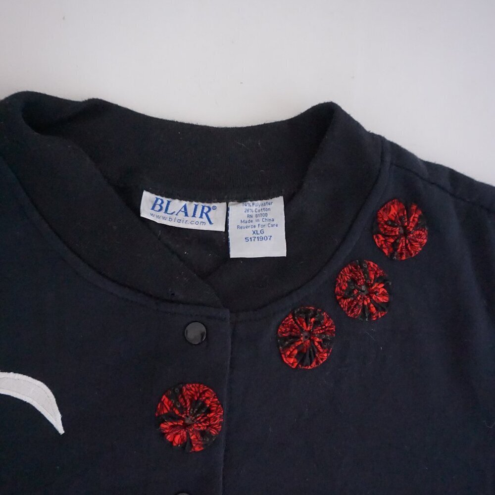 Vintage Blair Black Cotton Cardigan Cardinal Winter Cabincore Grandmacore XL - Picture 3 of 10